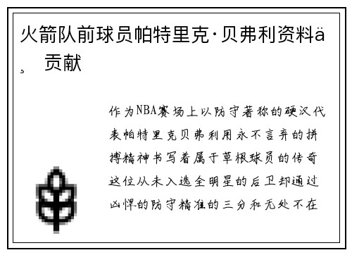 火箭队前球员帕特里克·贝弗利资料与贡献