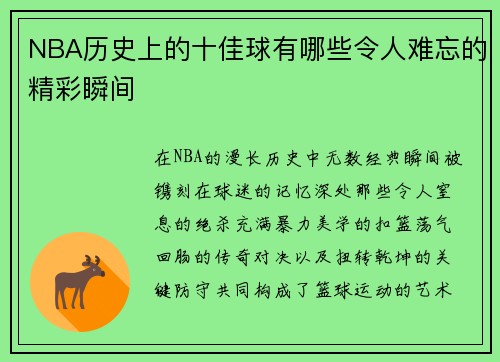 NBA历史上的十佳球有哪些令人难忘的精彩瞬间